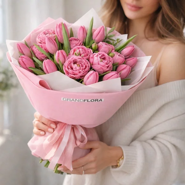 Любимые моменты – букет с розовыми кустовыми розами и тюльпанами